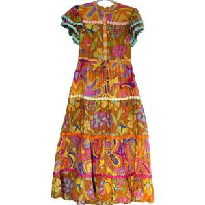 CeliaB Retro Boho Festival Maxi Dress Ric Rac Paisley Button Front Pockets Small
